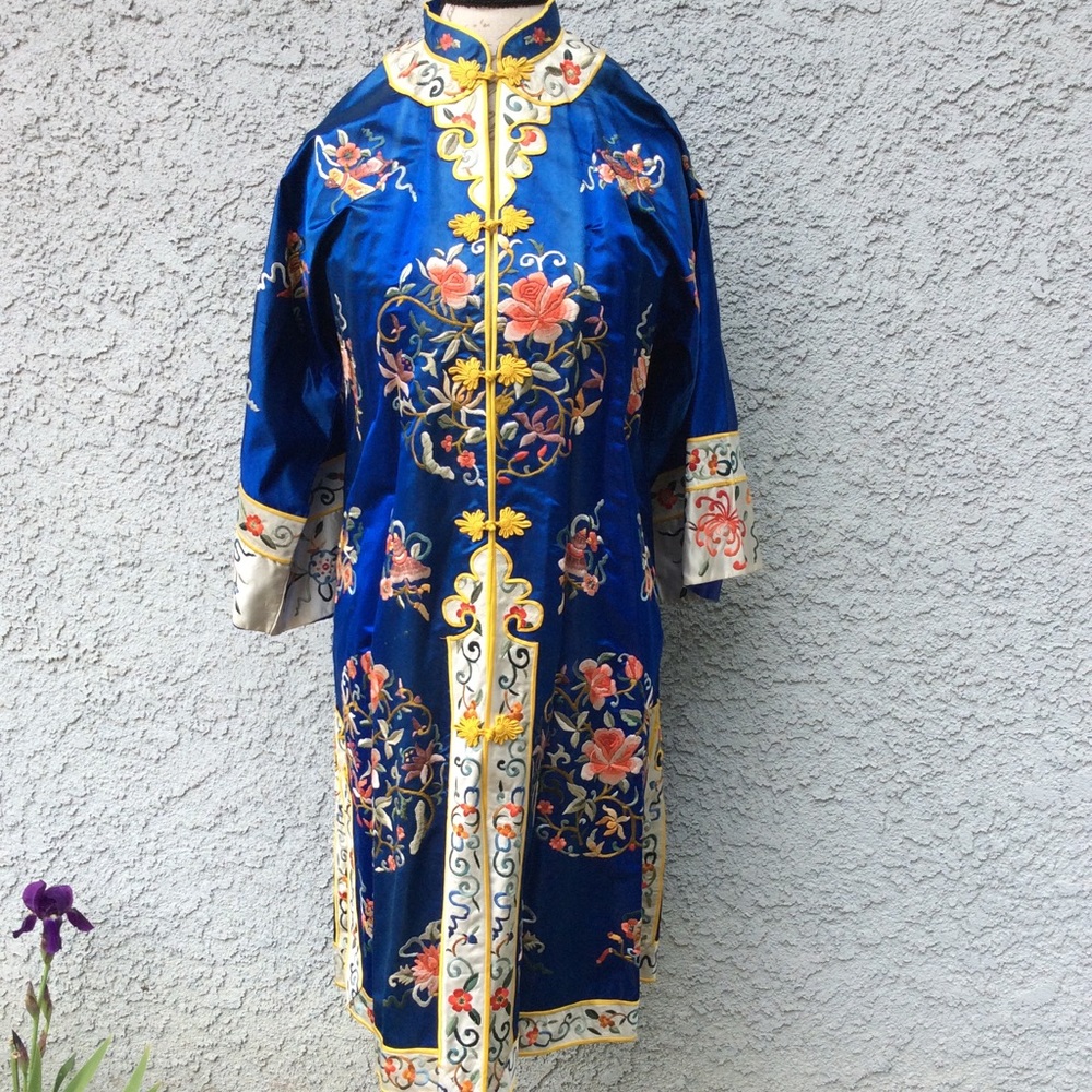 Vintage Esme Chinese Floral Embroidered Royal Blue Kimono Dress Robe Long Coat